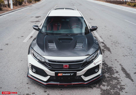 Honda Civic Type-R FK8 2017-2021 with Aftermarket Parts - V2 Vented Style Hood Bonnet Carbon Fiber / FRP from CMST Tuning