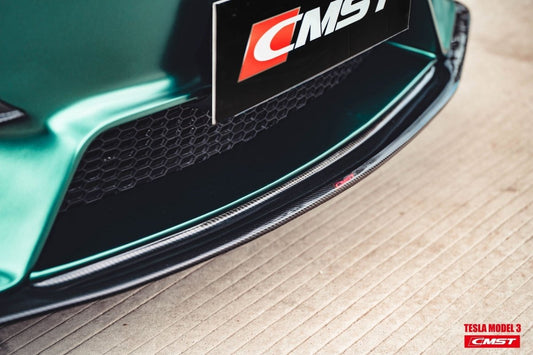 Tesla Model 3 Performance Long Range Standard Base 2017-2023 with Aftermarket Parts - V1 Style Front Bumper & Lip Carbon Fiber / FRP from CMST Tuning