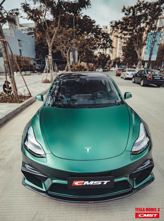 Tesla Model 3 Performance Long Range Standard Base 2017-2023 with Aftermarket Parts - V1 Style Front Bumper & Lip Carbon Fiber / FRP from CMST Tuning