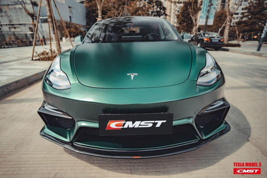 Tesla Model 3 Performance Long Range Standard Base 2017-2023 with Aftermarket Parts - V1 Style Front Bumper & Lip Carbon Fiber / FRP from CMST Tuning