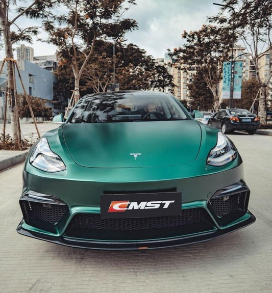 Tesla Model 3 Performance Long Range Standard Base 2017-2023 with Aftermarket Parts - V1 Style Front Bumper & Lip Carbon Fiber / FRP from CMST Tuning