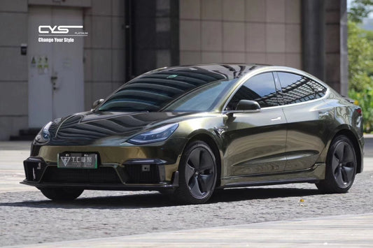 Tesla Model 3 Performance Long Range Standard Base 2017-2023 with Aftermarket Parts - V1 Style Front Bumper & Lip Carbon Fiber / FRP from CMST Tuning