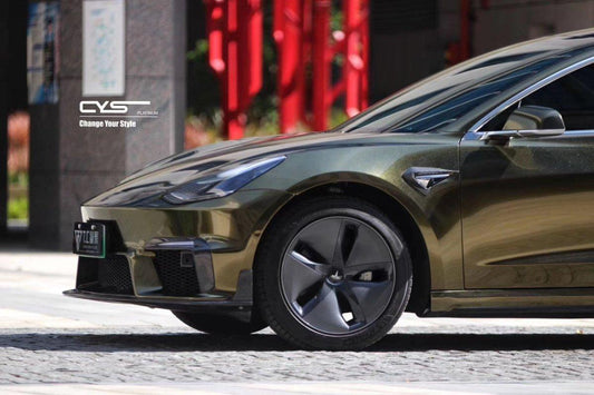 Tesla Model 3 Performance Long Range Standard Base 2017-2023 with Aftermarket Parts - V1 Style Front Bumper & Lip Carbon Fiber / FRP from CMST Tuning