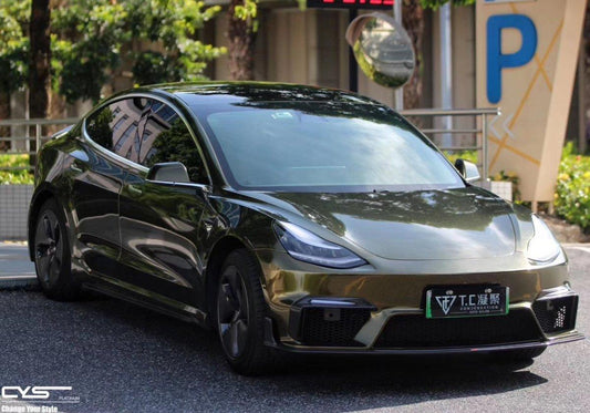 Tesla Model 3 Performance Long Range Standard Base 2017-2023 with Aftermarket Parts - V1 Style Front Bumper & Lip Carbon Fiber / FRP from CMST Tuning