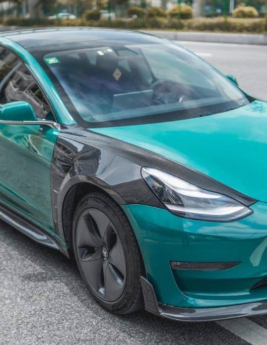 Tesla Model 3 Performance Long Range Standard Base 2017-2023 with Aftermarket Parts - Front Fenders Carbon Fiber / FRP from CMST Tuning