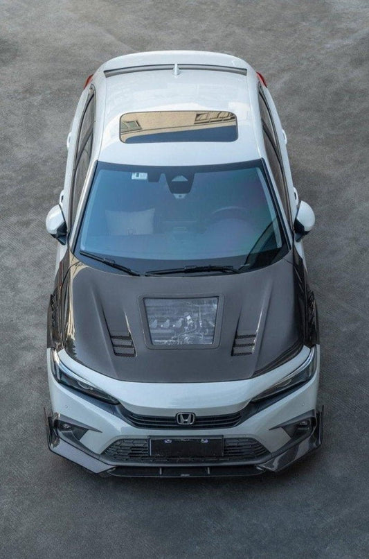 Honda Civic 11th Gen FE1 FE2 FE4 2022-ON with Aftermarket Parts - V2 Tempered Glass Clearview Style Hood Bonnet Carbon Fiber / FRP from CMST Tuning
