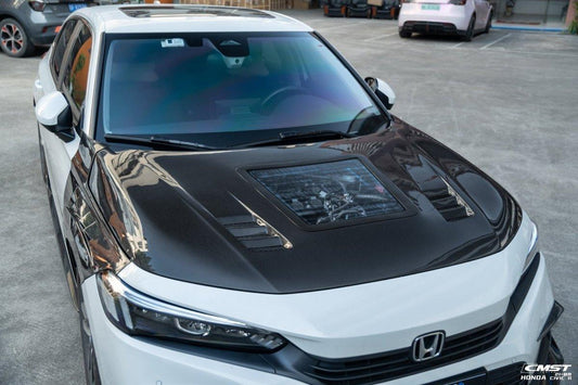 Honda Civic 11th Gen FE1 FE2 FE4 2022-ON with Aftermarket Parts - V2 Tempered Glass Clearview Style Hood Bonnet Carbon Fiber / FRP from CMST Tuning