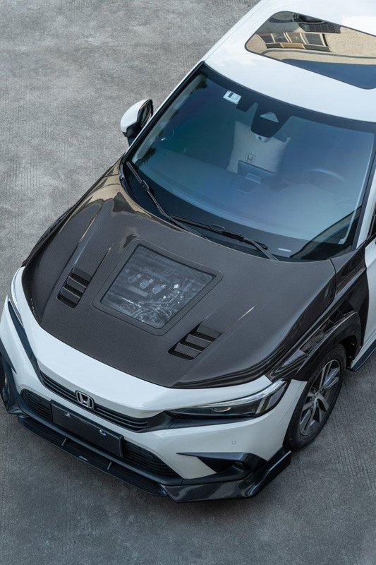 Honda Civic 11th Gen FE1 FE2 FE4 2022-ON with Aftermarket Parts - V2 Tempered Glass Clearview Style Hood Bonnet Carbon Fiber / FRP from CMST Tuning