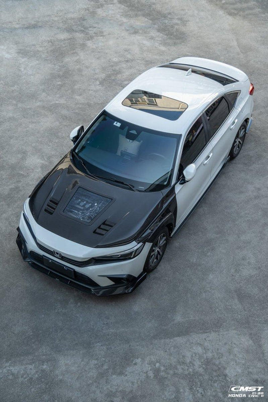 Honda Civic 11th Gen FE1 FE2 FE4 2022-ON with Aftermarket Parts - V2 Tempered Glass Clearview Style Hood Bonnet Carbon Fiber / FRP from CMST Tuning