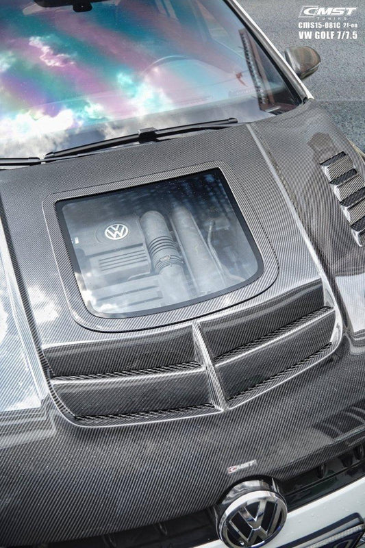 Volkswagen Golf R GTI Base MK7 MK7.5 2015-2021 with Aftermarket Parts - V3 Clearview Glass Style Hood Bonnet Carbon Fiber / FRP from CMST Tuning