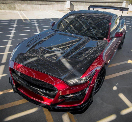 Ford Mustang GT 5.0 V6 3.6 Ecoboost 2.3 S550.1 2015-2017 with Aftermarket Parts - Clearview Glass Style Hood Bonnet Carbon Fiber / FRP from CMST Tuning