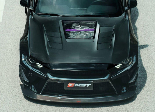 Ford Mustang GT 5.0 Mach1 Bullitt Ecoboost 2.3 S550.2 2018-2023 with Aftermarket Parts - V2 Clearview Glass Style Hood Bonnet Carbon Fiber / FRP from CMST Tuning