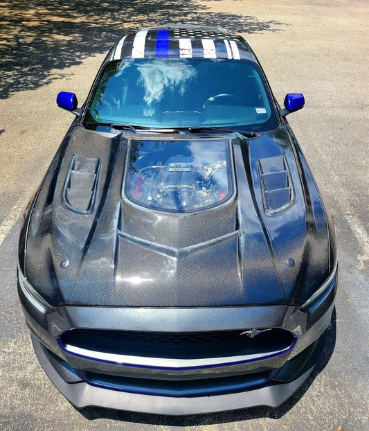 Ford Mustang GT 5.0 V6 3.6 Ecoboost 2.3 S550.1 2015-2017 with Aftermarket Parts - Stage 2 Clearview Glass Style Hood Bonnet Carbon Fiber / FRP from CMST Tuning
