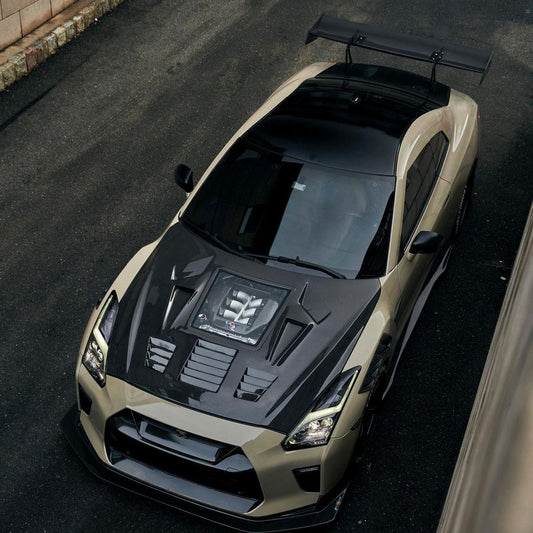 Nissan GTR Nismo T-Spec Premium Pure 2017-2024
(for installation on 2008-2016 vehicles, 2017-2024 front bumper is recommended) with Aftermarket Parts - V2 Tempered Clearview Glass Style Hood Bonnet Carbon Fiber / FRP Hood Bonnet from CMST Tuning