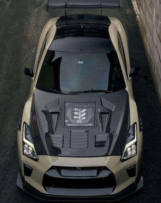 Nissan GTR Nismo T-Spec Premium Pure 2017-2024
(for installation on 2008-2016 vehicles, 2017-2024 front bumper is recommended) with Aftermarket Parts - V2 Tempered Clearview Glass Style Hood Bonnet Carbon Fiber / FRP Hood Bonnet from CMST Tuning