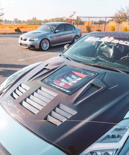 Nissan GTR Nismo T-Spec Premium Pure 2017-2024
(for installation on 2008-2016 vehicles, 2017-2024 front bumper is recommended) with Aftermarket Parts - V2 Tempered Clearview Glass Style Hood Bonnet Carbon Fiber / FRP Hood Bonnet from CMST Tuning