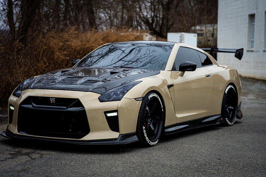 Nissan GTR Nismo T-Spec Premium Pure 2017-2024
(for installation on 2008-2016 vehicles, 2017-2024 front bumper is recommended) with Aftermarket Parts - V2 Tempered Clearview Glass Style Hood Bonnet Carbon Fiber / FRP Hood Bonnet from CMST Tuning