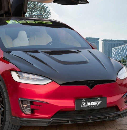 Tesla Model X P100D 100D 90D 75D 60D Performance Long Range Base 2016-2021 with Aftermarket Parts - Hood Bonnet Carbon Fiber / FRP from CMST Tuning