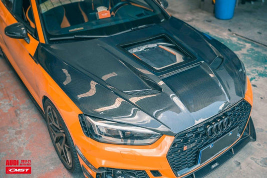 Audi RS5 S5 A5 B9 B9.5 2017-ON with Aftermarket Parts - V2 Tempered Glass Transparent Hood Bonnet Carbon Fiber / FRP from CMST Tuning