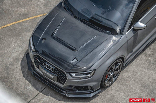 Audi RS3 S3 A3 8V / 8V.5 2014 2015 2016 2017 2018 2019 2020 with Aftermarket Parts - V4 Hood Bonnet Carbon Fiber / FRP from CMST Tuning