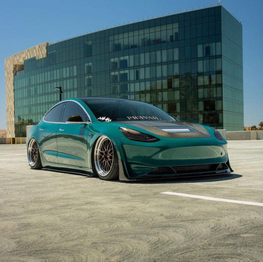 Tesla Model 3 Performance Long Range Standard Base 2017-2023 with Aftermarket Parts - V3 Style Hood Bonnet Carbon Fiber / FRP from CMST Tuning