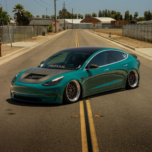 Tesla Model 3 Performance Long Range Standard Base 2017-2023 with Aftermarket Parts - V3 Style Hood Bonnet Carbon Fiber / FRP from CMST Tuning