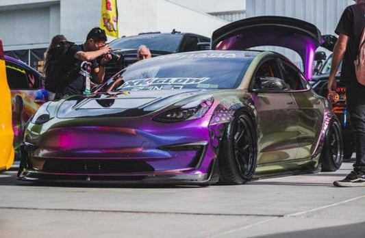 Tesla Model 3 Performance Long Range Standard Base 2017-2023 with Aftermarket Parts - V3 Style Hood Bonnet Carbon Fiber / FRP from CMST Tuning