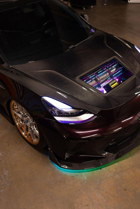 Tesla Model 3 Performance Long Range Standard Base 2017-2023 with Aftermarket Parts - V3 Style Hood Bonnet Carbon Fiber / FRP from CMST Tuning
