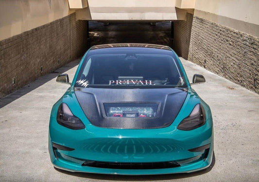 Tesla Model 3 Performance Long Range Standard Base 2017-2023 with Aftermarket Parts - V3 Style Hood Bonnet Carbon Fiber / FRP from CMST Tuning