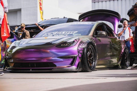 Tesla Model 3 Performance Long Range Standard Base 2017-2023 with Aftermarket Parts - V3 Style Hood Bonnet Carbon Fiber / FRP from CMST Tuning