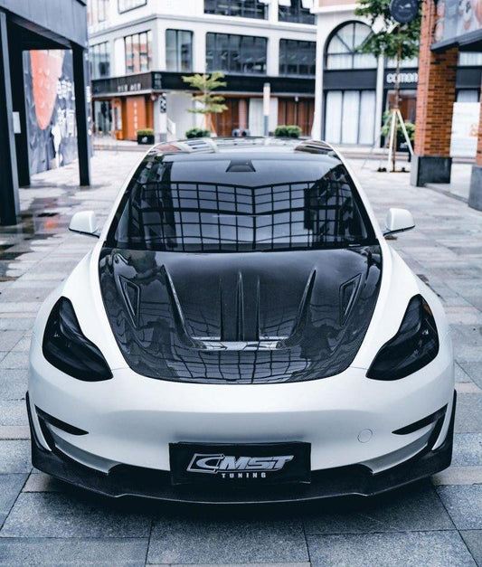 Tesla Model 3 Performance Long Range Standard Base 2017-2023 with Aftermarket Parts - V2 Style Hood Bonnet Carbon Fiber / FRP from CMST Tuning