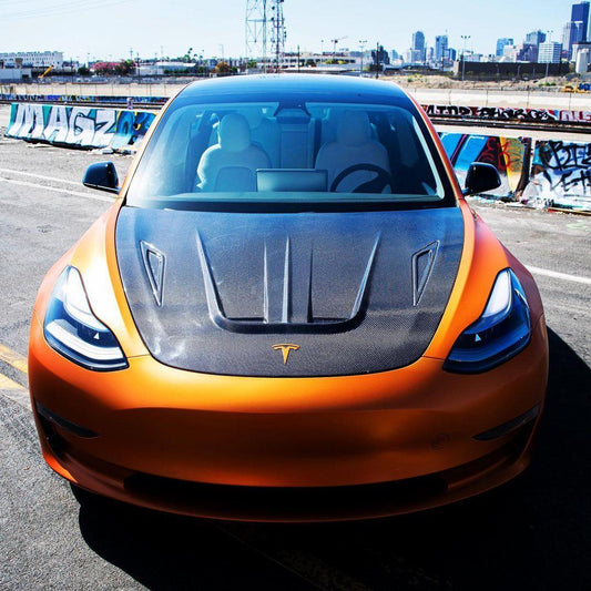 Tesla Model 3 Performance Long Range Standard Base 2017-2023 with Aftermarket Parts - V2 Style Hood Bonnet Carbon Fiber / FRP from CMST Tuning