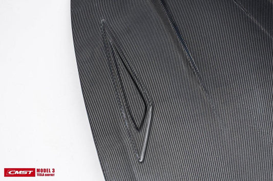 Tesla Model 3 Performance Long Range Standard Base 2017-2023 with Aftermarket Parts - V2 Style Hood Bonnet Carbon Fiber / FRP from CMST Tuning