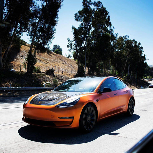 Tesla Model 3 Performance Long Range Standard Base 2017-2023 with Aftermarket Parts - V2 Style Hood Bonnet Carbon Fiber / FRP from CMST Tuning