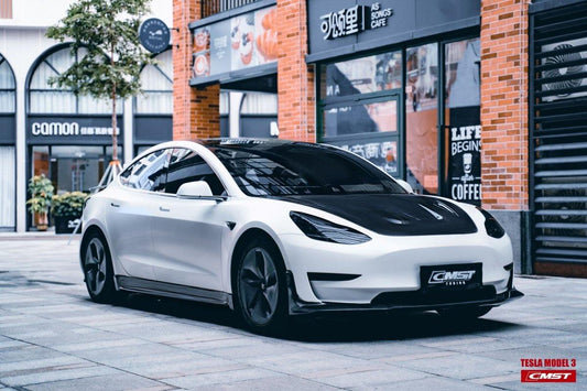 Tesla Model 3 Performance Long Range Standard Base 2017-2023 with Aftermarket Parts - V2 Style Hood Bonnet Carbon Fiber / FRP from CMST Tuning