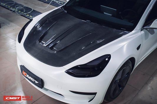 Tesla Model 3 Performance Long Range Standard Base 2017-2023 with Aftermarket Parts - V2 Style Hood Bonnet Carbon Fiber / FRP from CMST Tuning