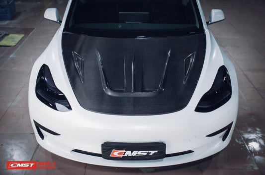 Tesla Model 3 Performance Long Range Standard Base 2017-2023 with Aftermarket Parts - V2 Style Hood Bonnet Carbon Fiber / FRP from CMST Tuning