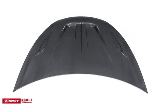 Tesla Model 3 Performance Long Range Standard Base 2017-2023 with Aftermarket Parts - V2 Style Hood Bonnet Carbon Fiber / FRP from CMST Tuning