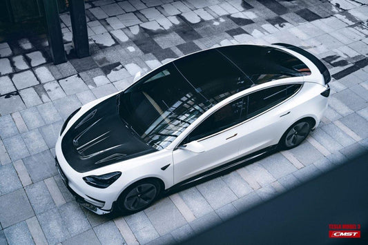 Tesla Model 3 Performance Long Range Standard Base 2017-2023 with Aftermarket Parts - V2 Style Hood Bonnet Carbon Fiber / FRP from CMST Tuning