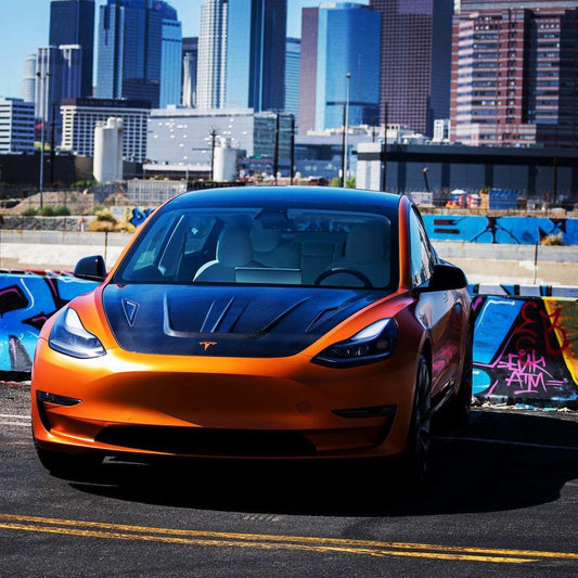 Tesla Model 3 Performance Long Range Standard Base 2017-2023 with Aftermarket Parts - V2 Style Hood Bonnet Carbon Fiber / FRP from CMST Tuning