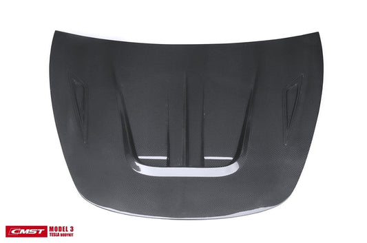 Tesla Model 3 Performance Long Range Standard Base 2017-2023 with Aftermarket Parts - V2 Style Hood Bonnet Carbon Fiber / FRP from CMST Tuning