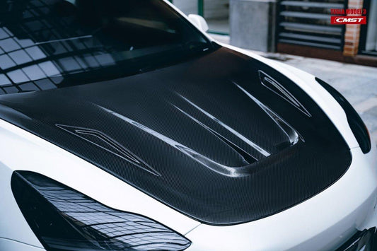 Tesla Model 3 Performance Long Range Standard Base 2017-2023 with Aftermarket Parts - V2 Style Hood Bonnet Carbon Fiber / FRP from CMST Tuning