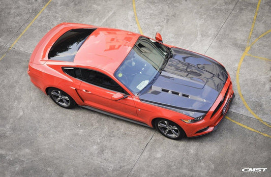 Ford Mustang GT 5.0 V6 3.6 Ecoboost 2.3 S550.1 2015-2017 with Aftermarket Parts - V2 Vented Style Hood Bonnet Carbon Fiber / FRP from CMST Tuning
