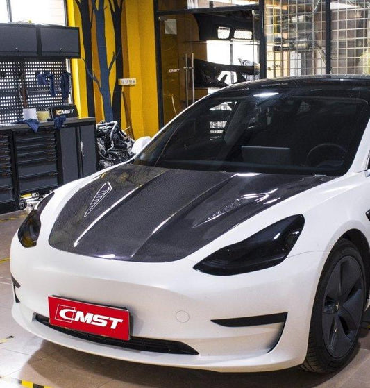 Tesla Model 3 Performance Long Range Standard Base 2017-2023 with Aftermarket Parts - V2 Style Hood Bonnet Carbon Fiber / FRP from CMST Tuning