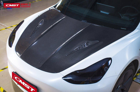 Tesla Model 3 Performance Long Range Standard Base 2017-2023 with Aftermarket Parts - V2 Style Hood Bonnet Carbon Fiber / FRP from CMST Tuning
