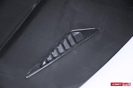 Tesla Model 3 Performance Long Range Standard Base 2017-2023 with Aftermarket Parts - V2 Style Hood Bonnet Carbon Fiber / FRP from CMST Tuning