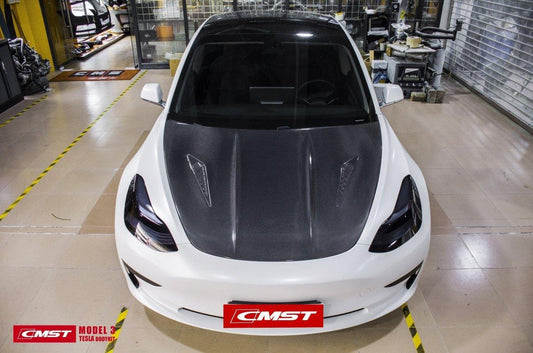 Tesla Model 3 Performance Long Range Standard Base 2017-2023 with Aftermarket Parts - V2 Style Hood Bonnet Carbon Fiber / FRP from CMST Tuning