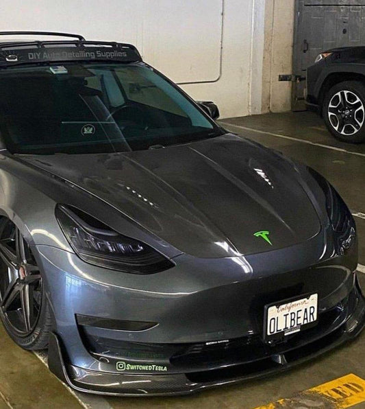 Tesla Model 3 Performance Long Range Standard Base 2017-2023 with Aftermarket Parts - V2 Style Hood Bonnet Carbon Fiber / FRP from CMST Tuning