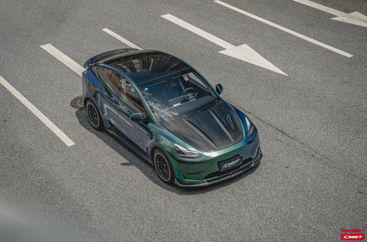 Tesla Model Y Performance AWD Long Range RWD Standard 2020-ON with Aftermarket Parts - V2 Style Hood Bonnet Carbon Fiber / FRP from CMST Tuning