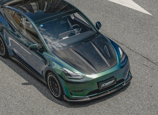 Tesla Model Y Performance AWD Long Range RWD Standard 2020-ON with Aftermarket Parts - V2 Style Hood Bonnet Carbon Fiber / FRP from CMST Tuning